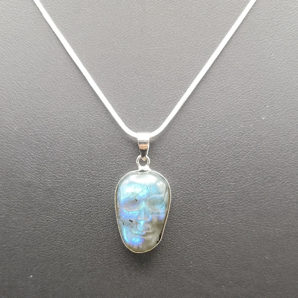 22" Silver Plate Necklace Gemstone Labradorite Skull Pendant Unisex NEW - Picture 2 of 8